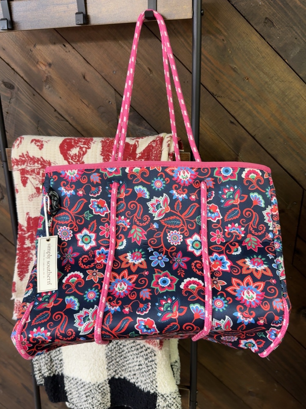 Simply Southern Navy Floral Tote with Pink Accents